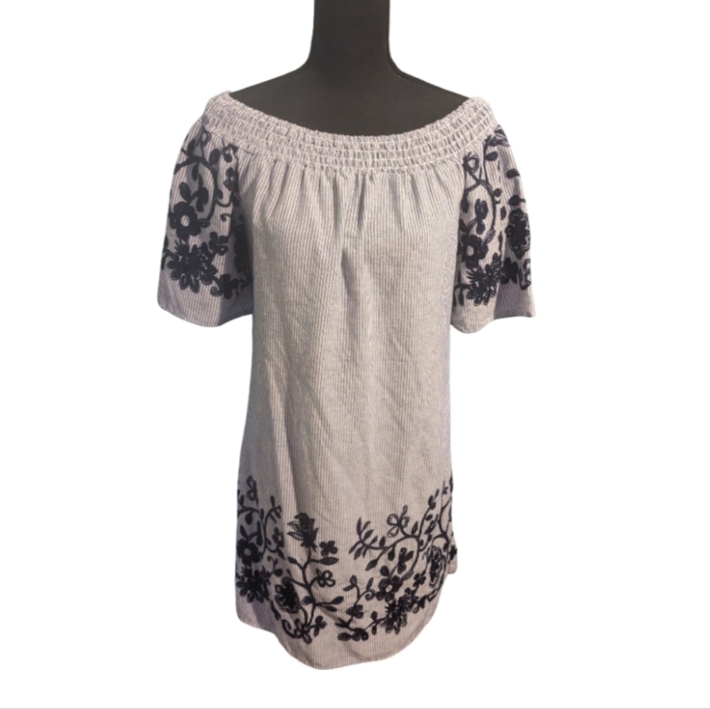 Mlle Gabrielle Blue Striped Embroidered Shirt Dress